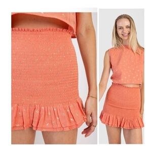 KOCH | Flirty Feminine Coral Fleur Nicole Smocked Ruffle Mini Skirt | M